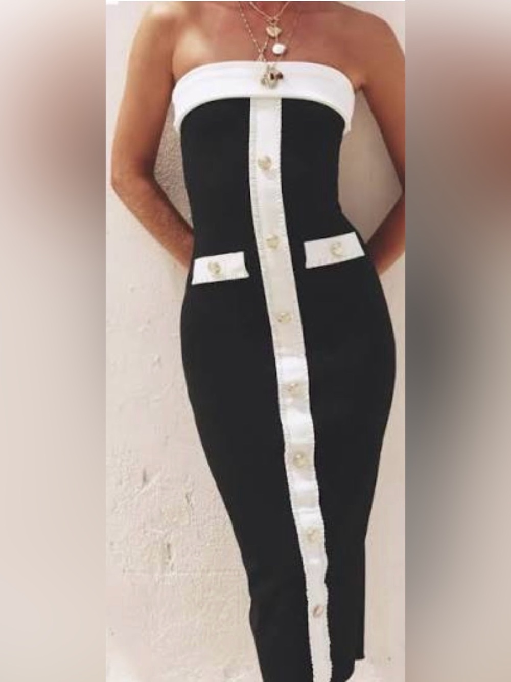 NWT. Zara Black/White Strapless Stretchy Sculpt Bandeau Midi Dress. Size L. - Picture 10 of 16